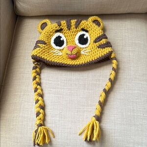 Yellow Tiger Knit Hat with Braids